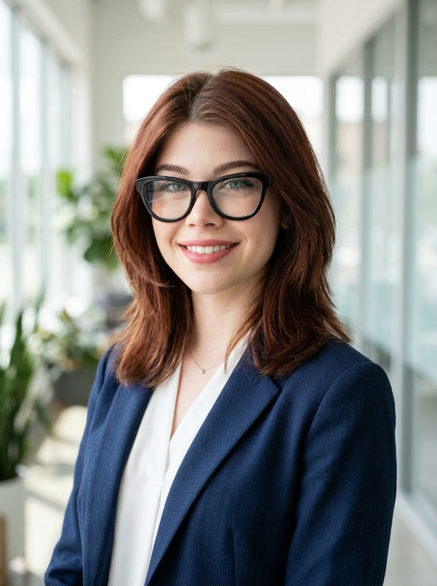 AI-generated example headshot — modern office · navy blazer