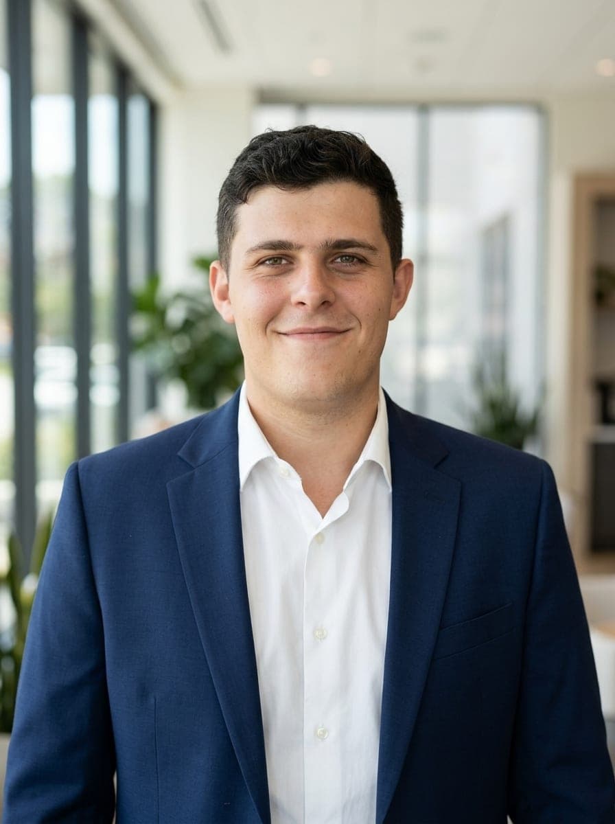 AI-generated example headshot — modern office · navy blazer