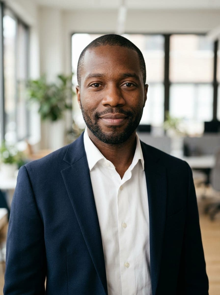 AI-generated example headshot — modern office · navy blazer